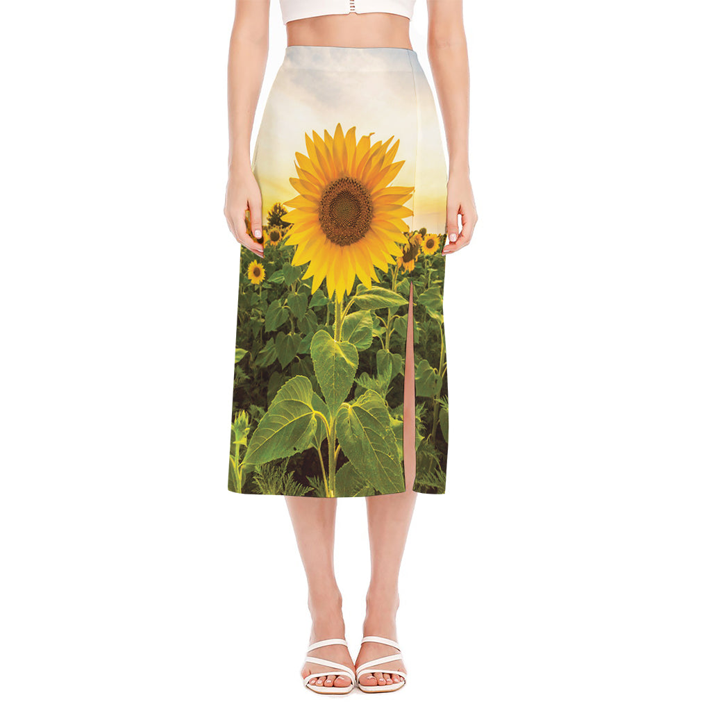 Sunflower Landscape Print Side Slit Midi Skirt