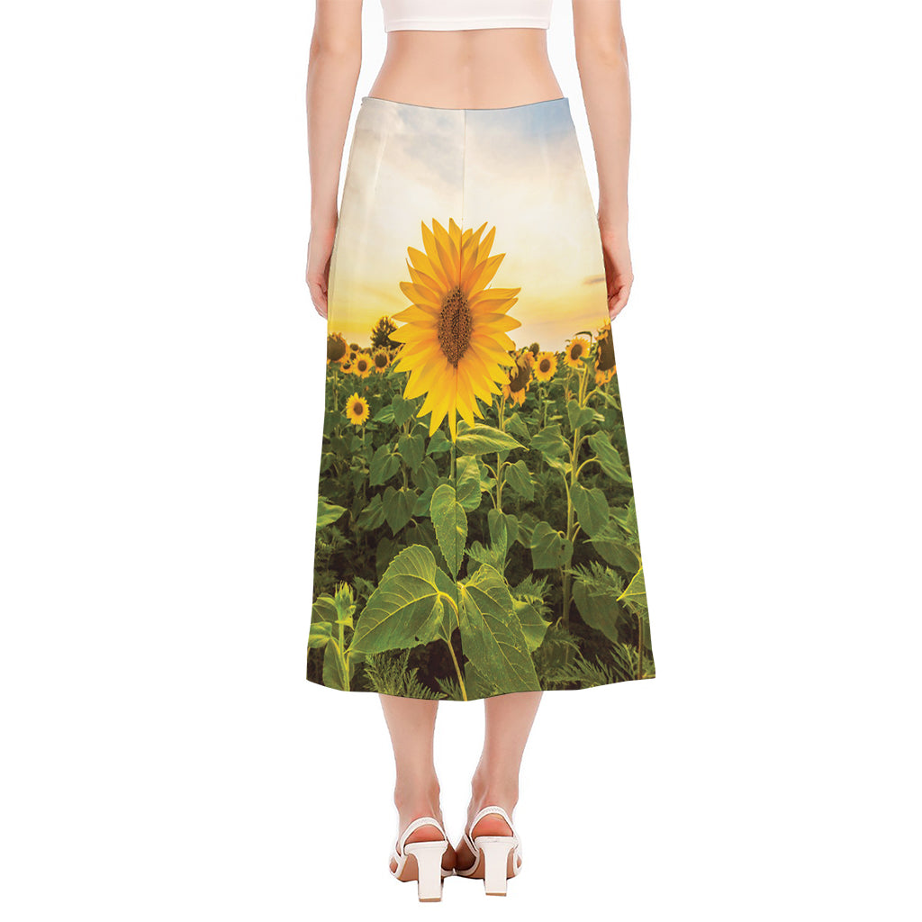 Sunflower Landscape Print Side Slit Midi Skirt