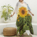 Sunflower Landscape Print Silk V-Neck Kaftan Dress