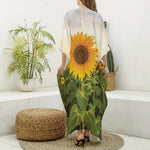 Sunflower Landscape Print Silk V-Neck Kaftan Dress