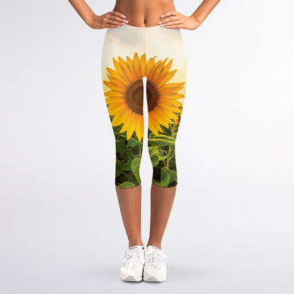 Sunflower Landscape Print Women's Capri Leggings