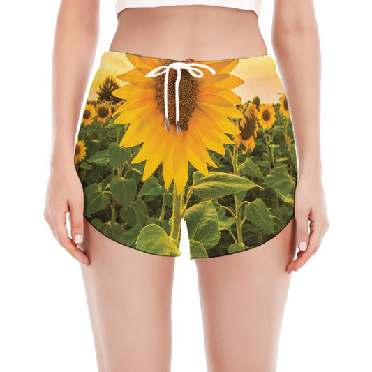 Sunflower Landscape Print Women's Split Running Shorts