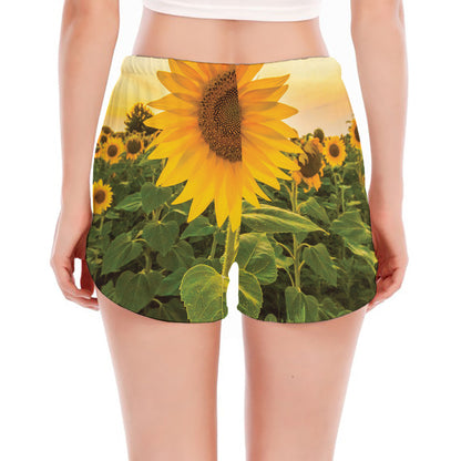 Sunflower Landscape Print Women's Split Running Shorts