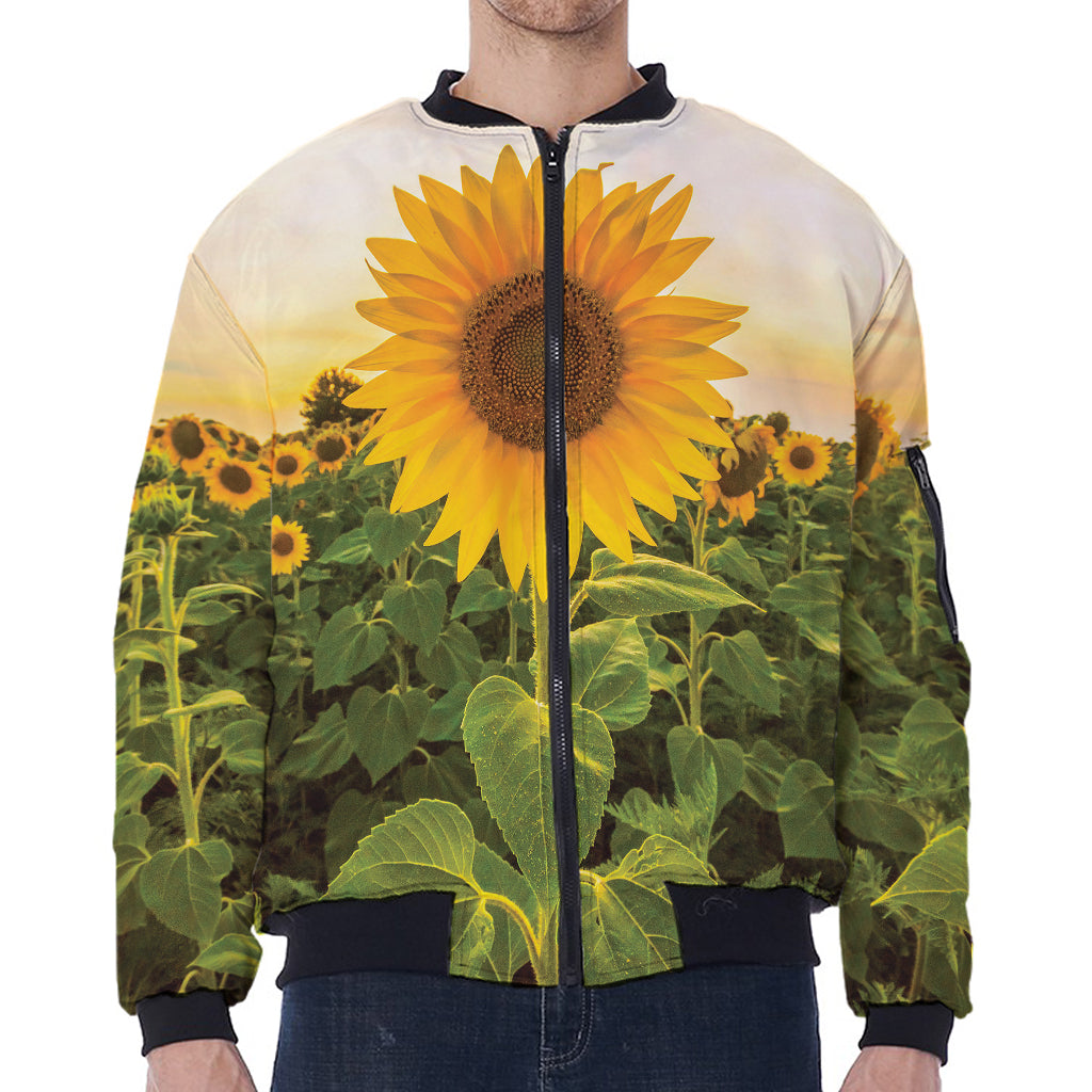 Sunflower Landscape Print Zip Sleeve Bomber Jacket
