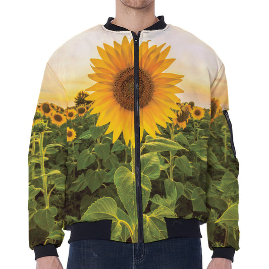 Sunflower Landscape Print Zip Sleeve Bomber Jacket