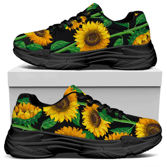 Sunflower Pattern Print Black Chunky Shoes