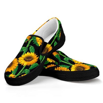 Sunflower Pattern Print Black Slip On Sneakers
