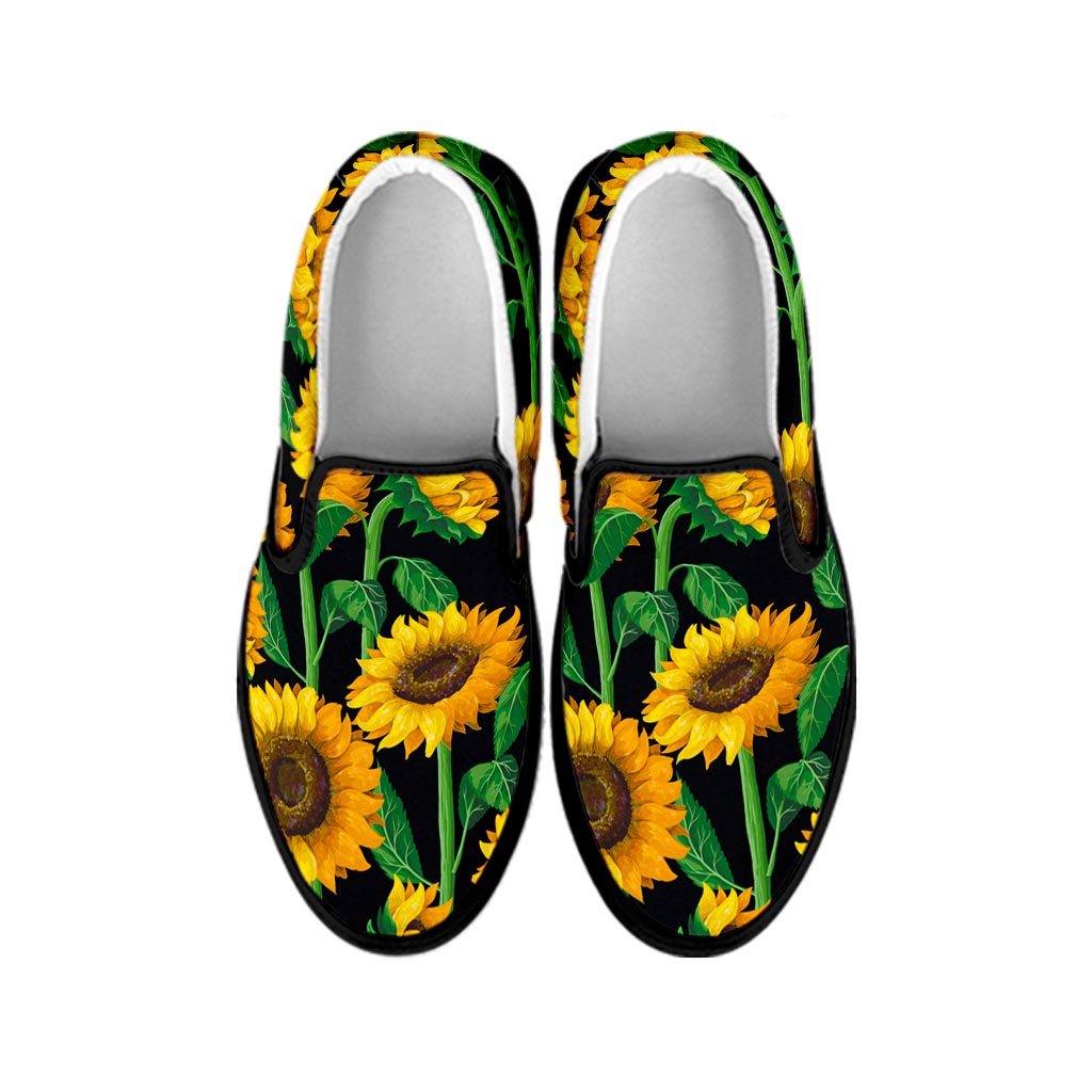 Sunflower Pattern Print Black Slip On Sneakers