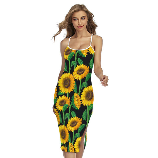 Sunflower Pattern Print Cross Back Cami Dress