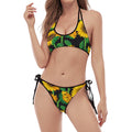 Sunflower Pattern Print Halter Scoop Tie Side Bikini