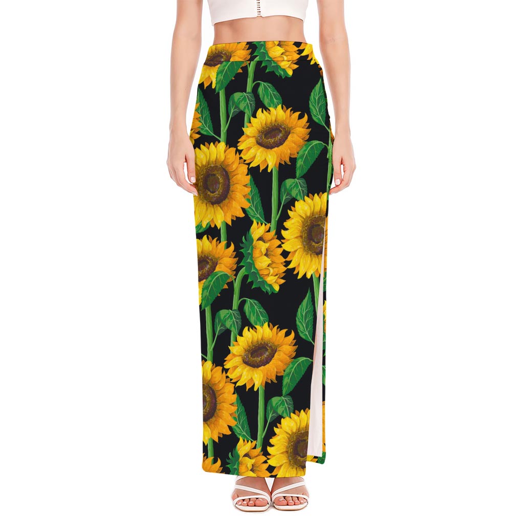 Sunflower Pattern Print High Slit Maxi Skirt