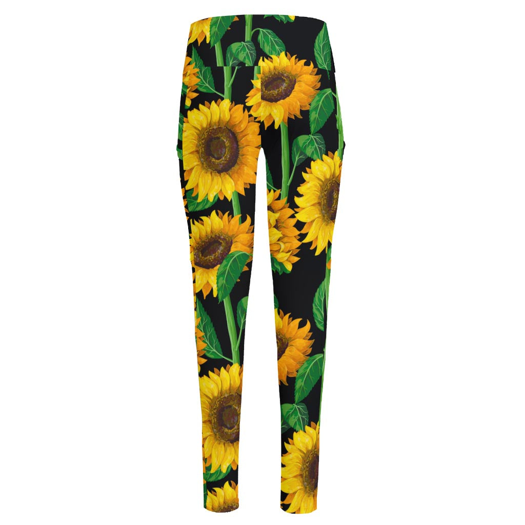 Sunflower Pattern Print High-Waisted Pocket Leggings