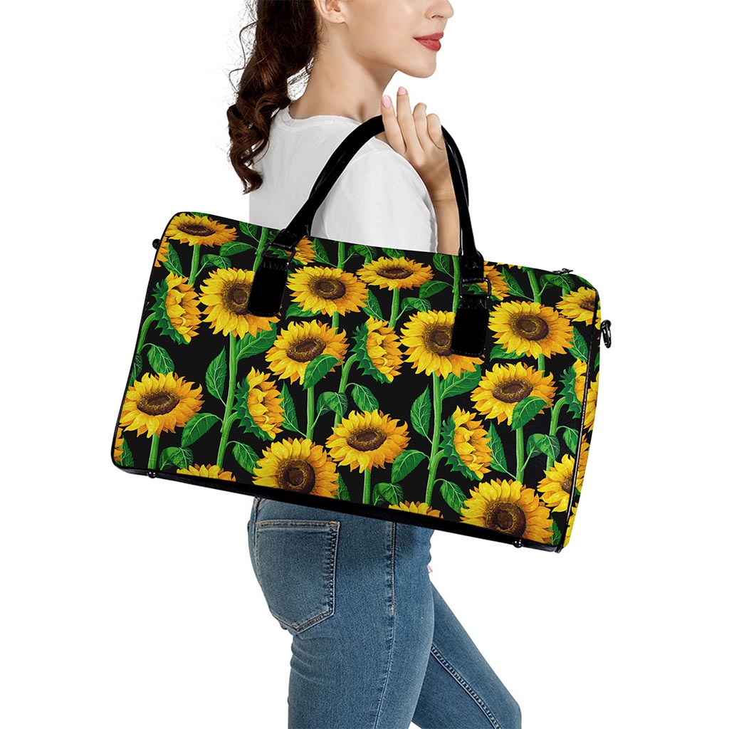 Sunflower Pattern Print Leather Duffle Bag