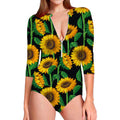Sunflower Pattern Print Long Sleeve Swimsuit