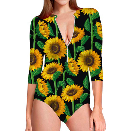 Sunflower Pattern Print Long Sleeve Swimsuit
