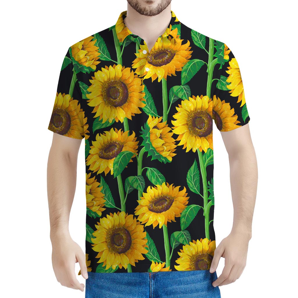 Sunflower Pattern Print Men's Polo Shirt