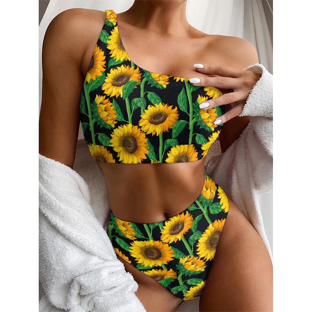 Sunflower Pattern Print One Shoulder Bikini Top