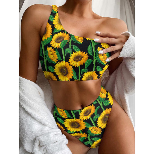 Sunflower Pattern Print One Shoulder Bikini Top