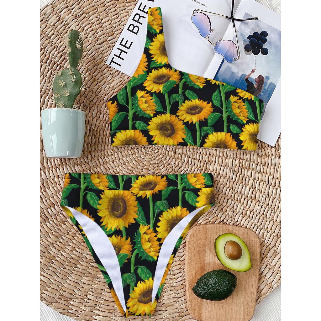 Sunflower Pattern Print One Shoulder Bikini Top