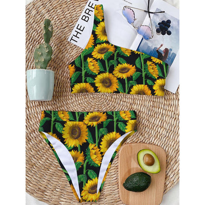 Sunflower Pattern Print One Shoulder Bikini Top