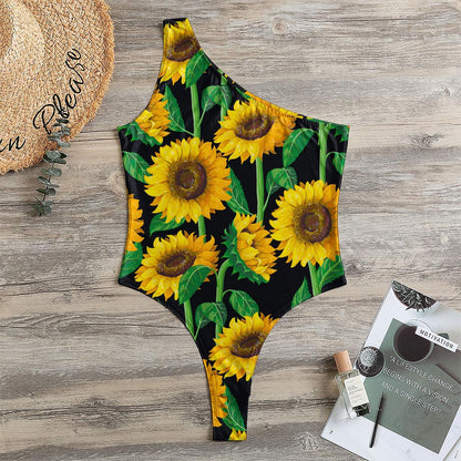 Sunflower Pattern Print One Shoulder Bodysuit