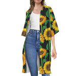 Sunflower Pattern Print Open Front Beach Cover Up
