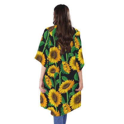 Sunflower Pattern Print Open Front Beach Cover Up