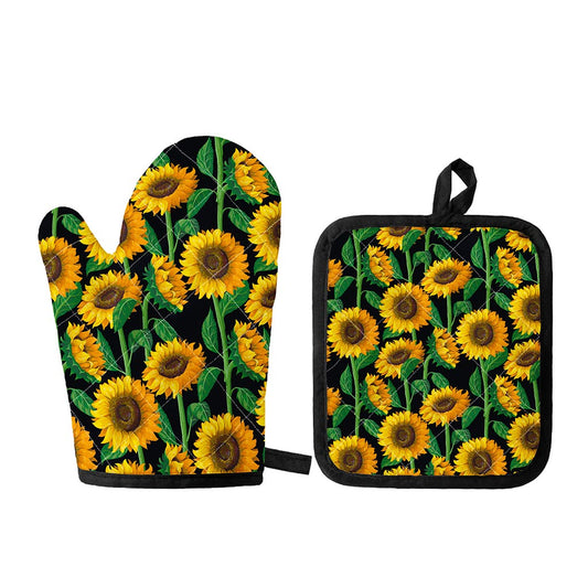 Sunflower Pattern Print Oven Mitt And Pot Holder Set