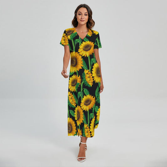 Sunflower Pattern Print Short Sleeve Maxi Dress