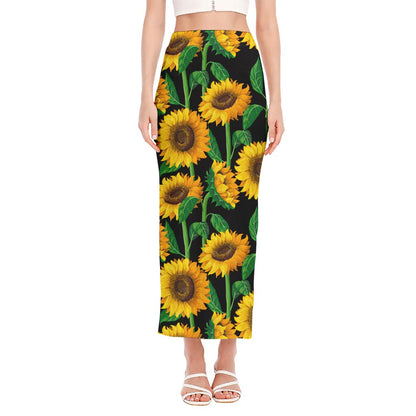 Sunflower Pattern Print Side Slit Maxi Skirt