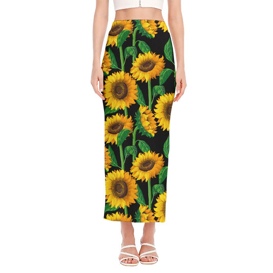 Sunflower Pattern Print Side Slit Maxi Skirt