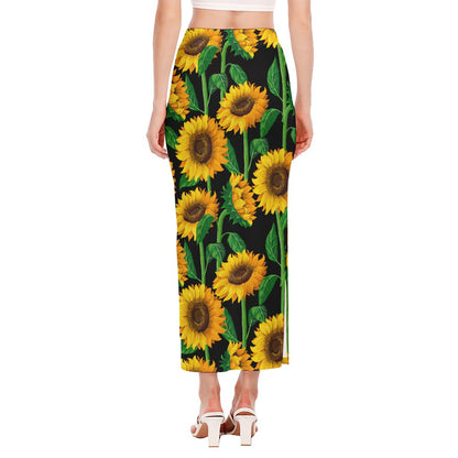 Sunflower Pattern Print Side Slit Maxi Skirt