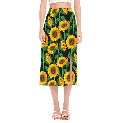 Sunflower Pattern Print Side Slit Midi Skirt