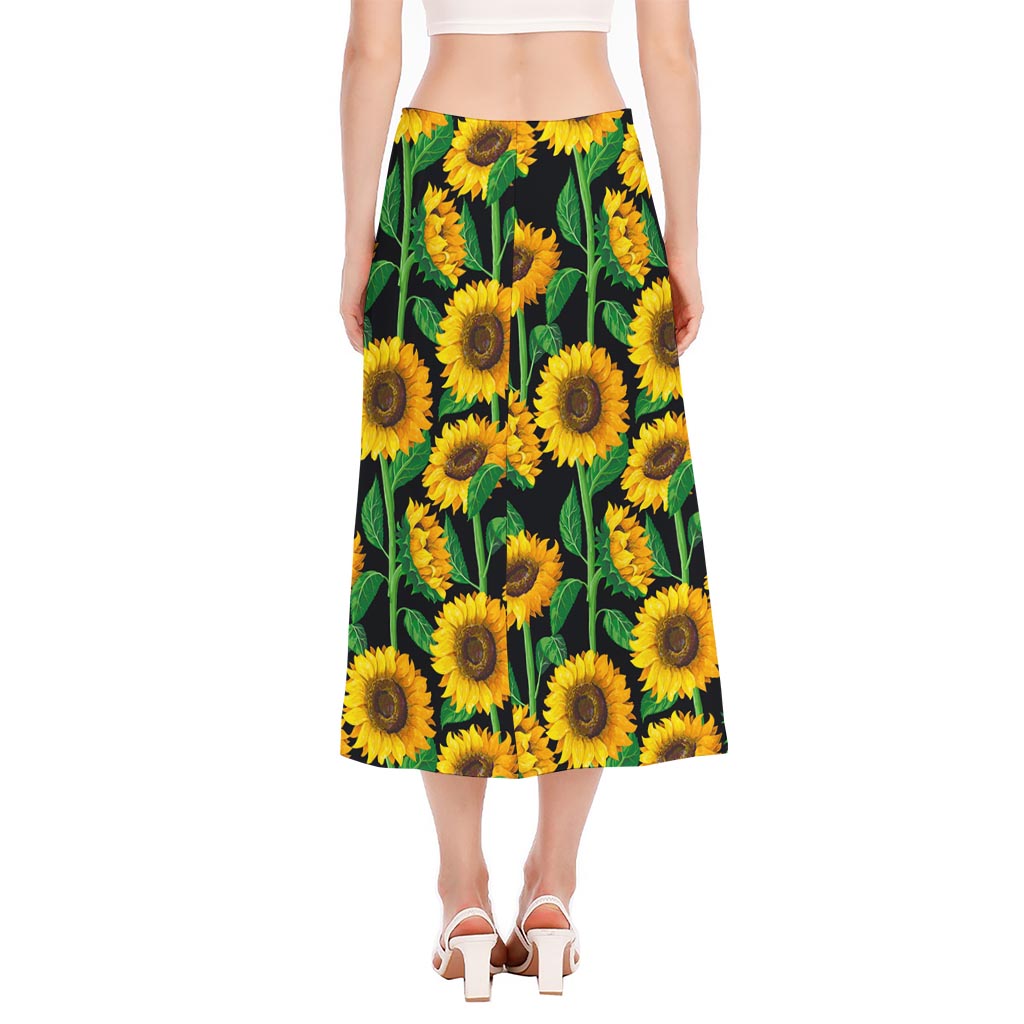 Sunflower Pattern Print Side Slit Midi Skirt