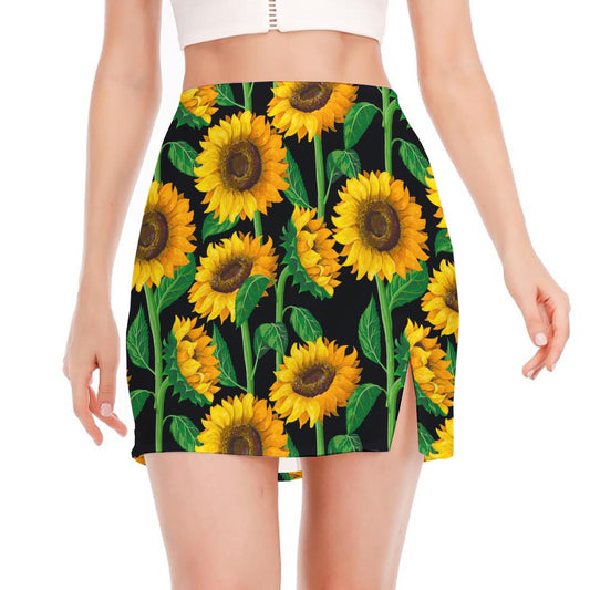 Sunflower Pattern Print Side Slit Mini Skirt