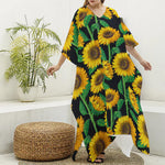 Sunflower Pattern Print Silk V-Neck Kaftan Dress