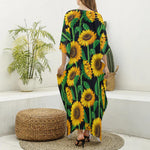 Sunflower Pattern Print Silk V-Neck Kaftan Dress