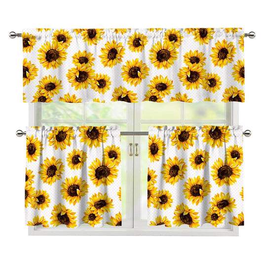 Sunflower Polka Dot Pattern Print 3 Piece Kitchen Curtains