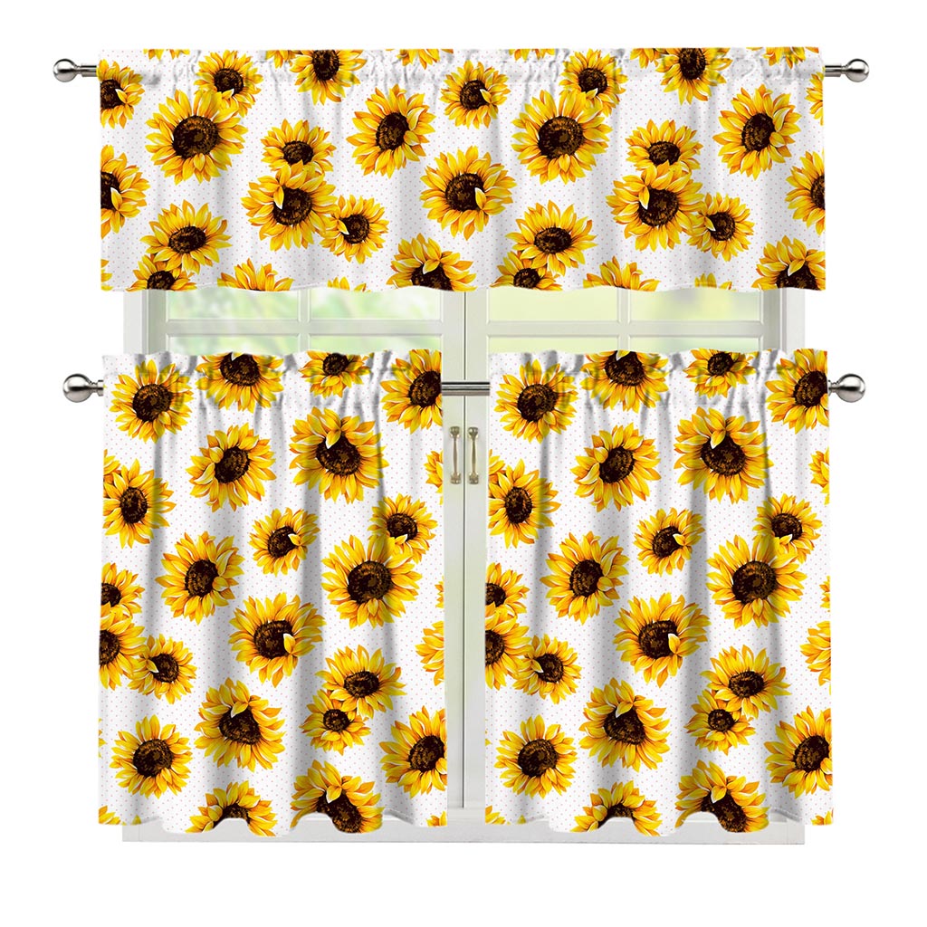 Sunflower Polka Dot Pattern Print 3 Piece Kitchen Curtains
