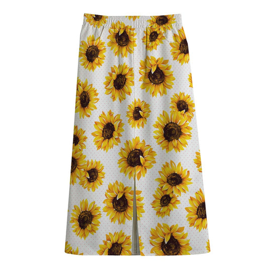 Sunflower Polka Dot Pattern Print Cotton Front Slit Maxi Skirt