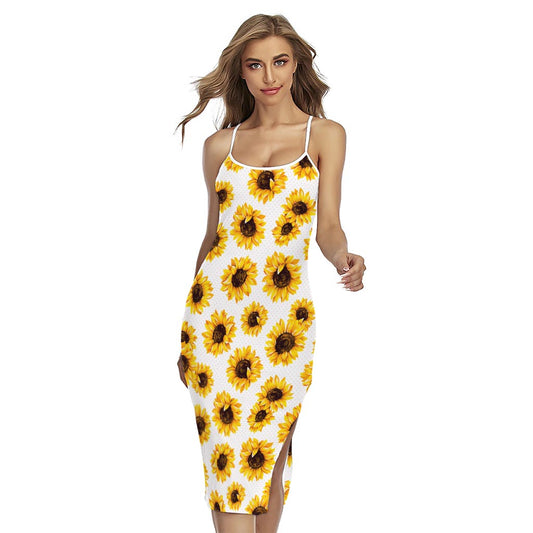 Sunflower Polka Dot Pattern Print Cross Back Cami Dress