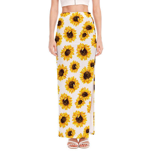 Sunflower Polka Dot Pattern Print High Slit Maxi Skirt