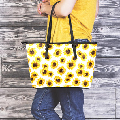 Sunflower Polka Dot Pattern Print Leather Tote Bag