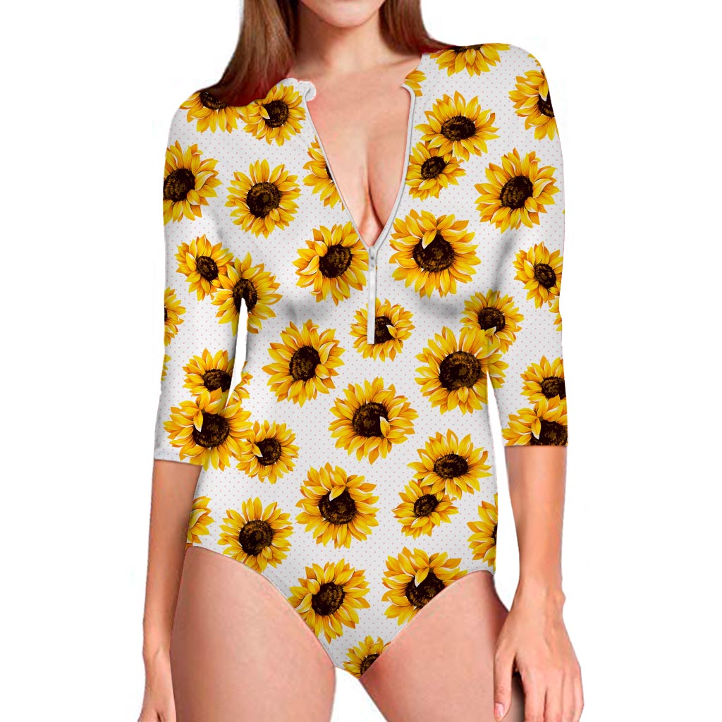 Sunflower Polka Dot Pattern Print Long Sleeve Swimsuit