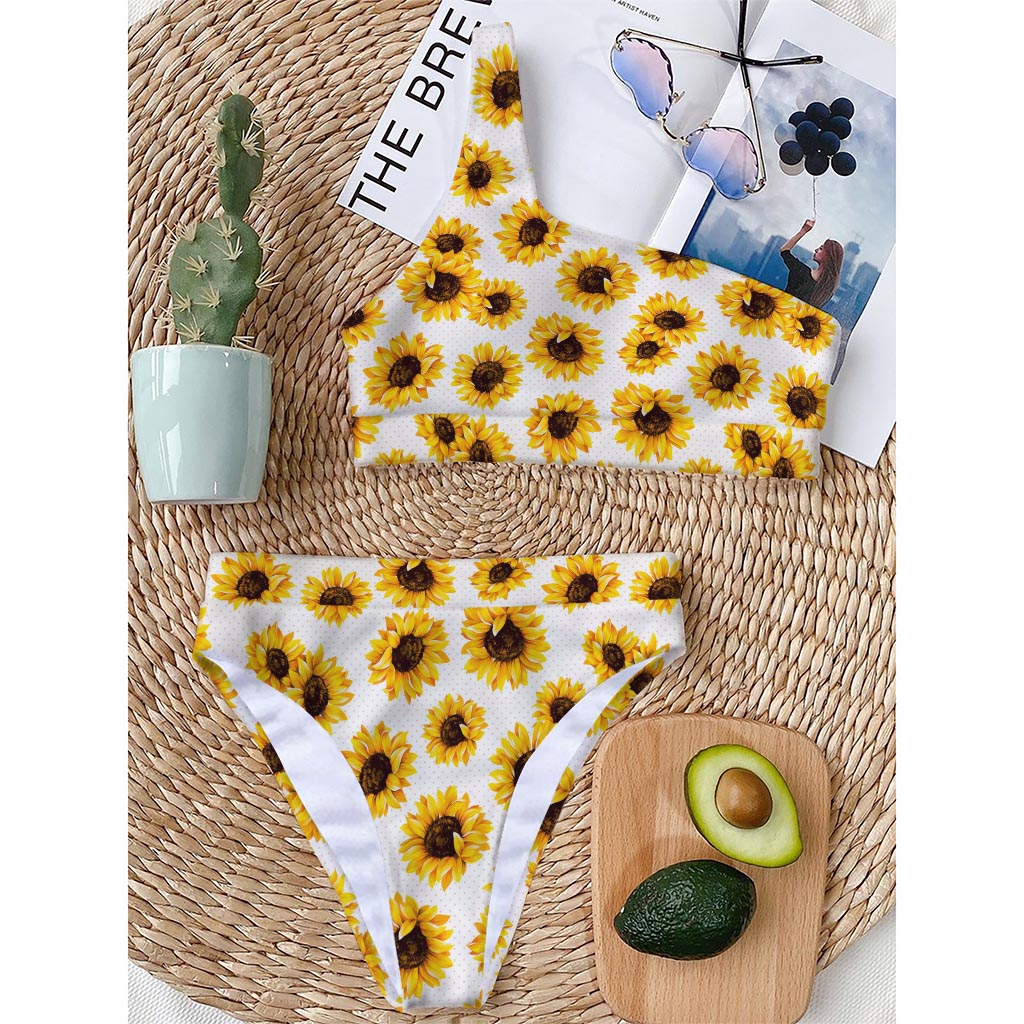 Sunflower Polka Dot Pattern Print One Shoulder Bikini Top