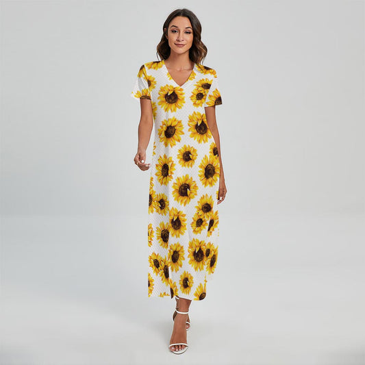 Sunflower Polka Dot Pattern Print Short Sleeve Maxi Dress