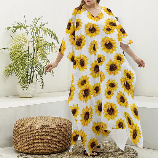 Sunflower Polka Dot Pattern Print Silk V-Neck Kaftan Dress