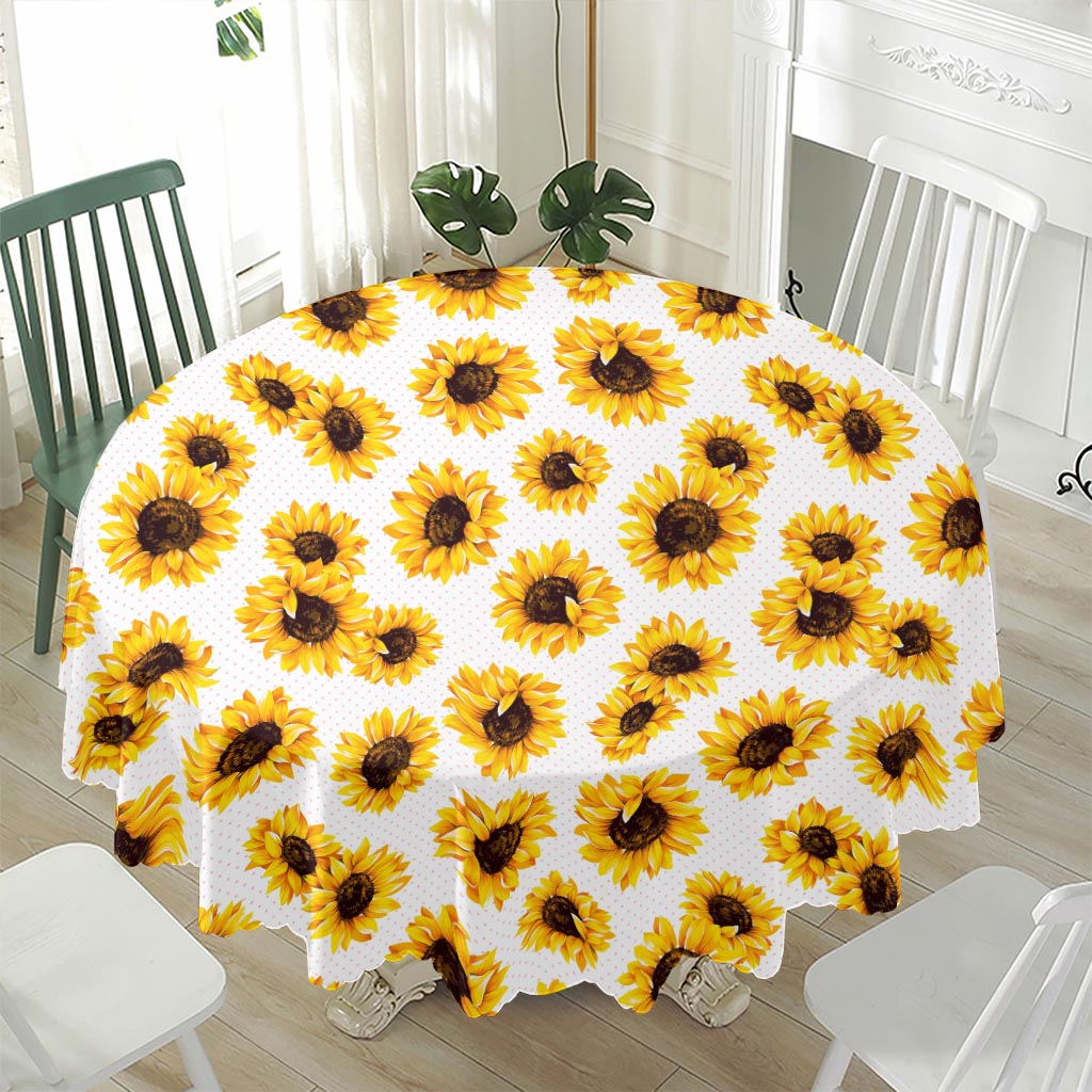 Sunflower Polka Dot Pattern Print Waterproof Round Tablecloth