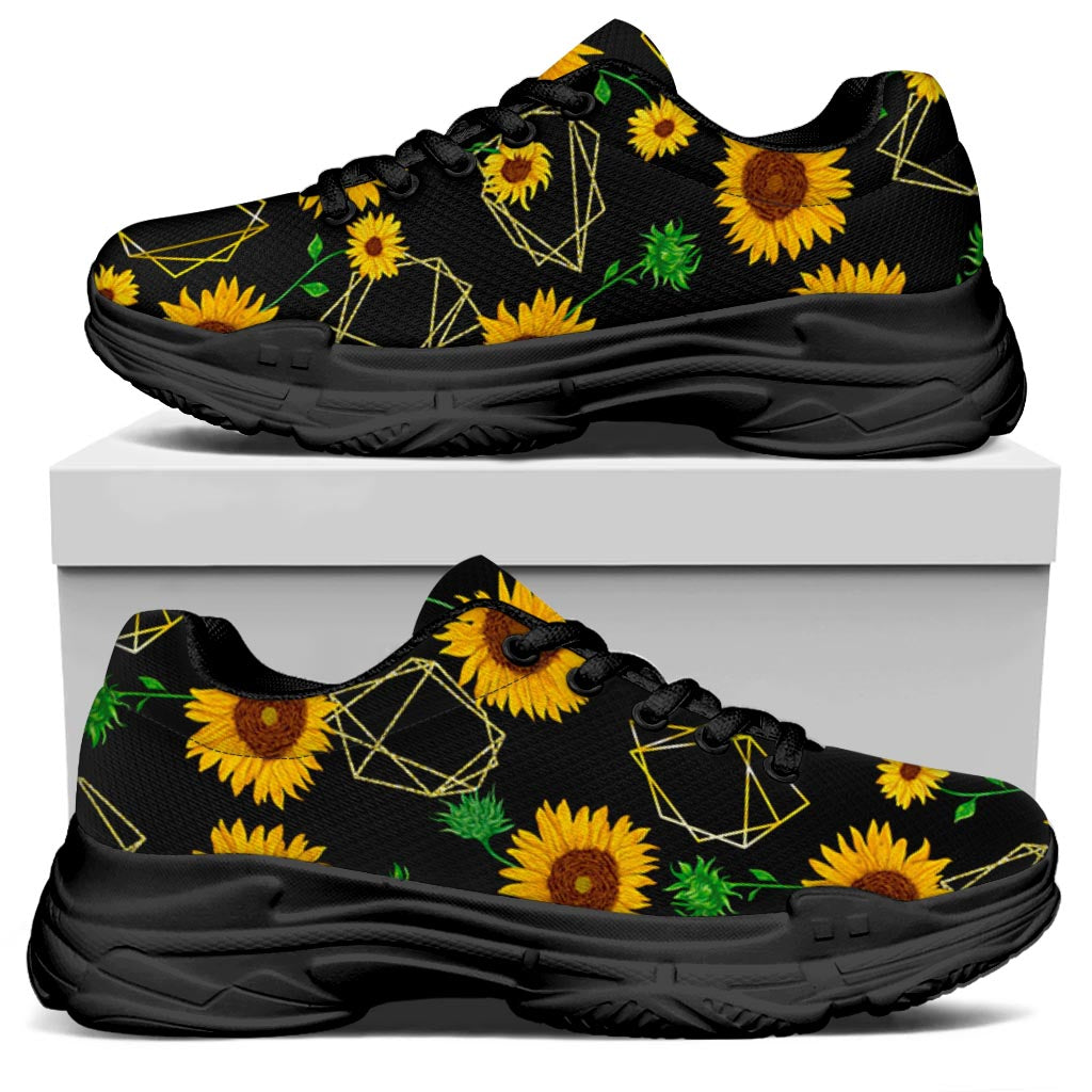 Sunflower Polygonal Pattern Print Black Chunky Shoes
