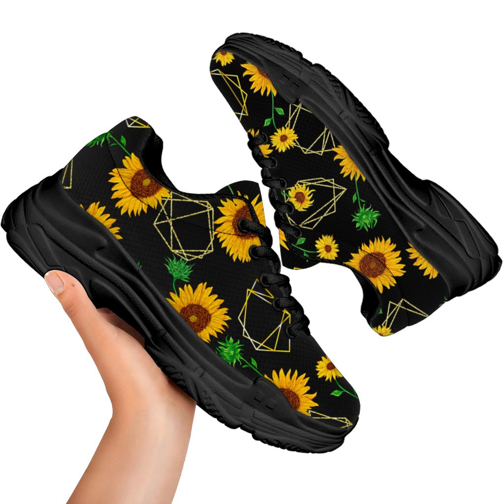Sunflower Polygonal Pattern Print Black Chunky Shoes